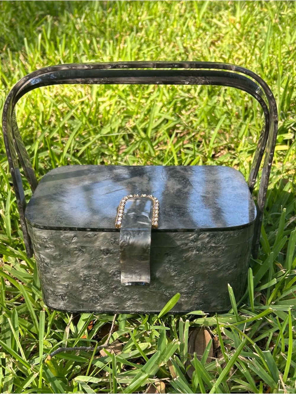 Rare Vintage 1940’s Pearlized Gray Lucite Box Bag with Rhinestone Trim